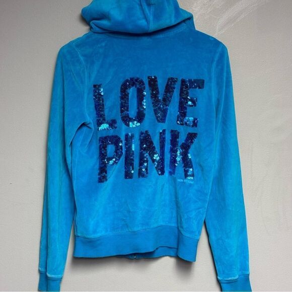 Victorias Secret PINK Blue Velour jacket full zip Hoodie size Small S - Picture 1 of 3